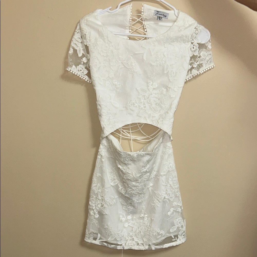 Fashion Nova Ivory Lace Cutout Mini Dress